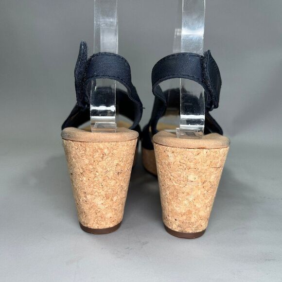 Clarks Sandals Women's Size 8.5 Blue Leather Cork Wedge‎ Platform Adjustable - Picture 5 of 14